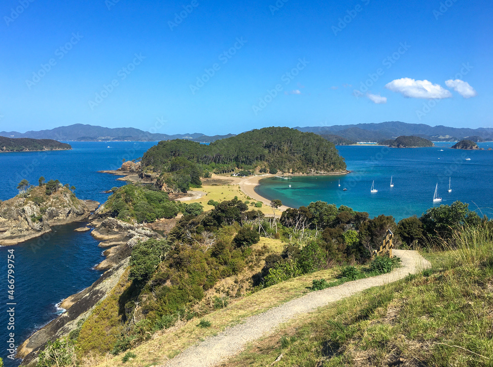 View from the track at top of Roberton Island, boats in the bay, blue skies, summer, Bay of Islands, NZ