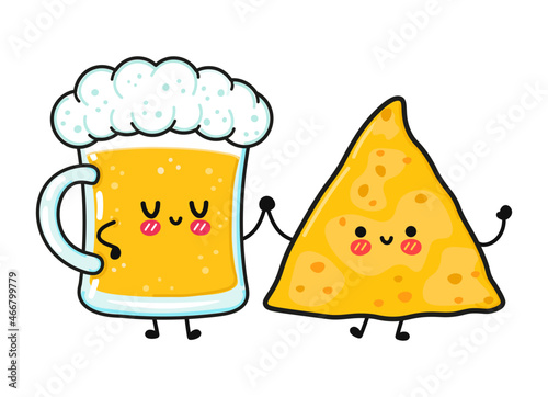 Cute, funny happy glass of beer and nachos. Vector hand drawn cartoon kawaii characters, illustration icon. Funny cartoon glass of beer and nachos mascot friends concept