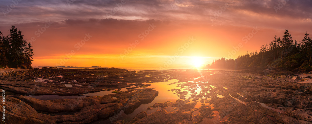 Panoramic View of Botanical Beach on the West Coast of Pacific Ocean. Dramatic Sunset Art Render. Canadian Nature. Port Renfrew near Victoria, Vancouver Island, British Columbia, Canada.