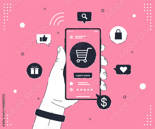 Buying from home vector illustration. Male hand holding smartphone with open internet application for e-purchasing flat style design. Online shopping concept. Vector Illustration. photo