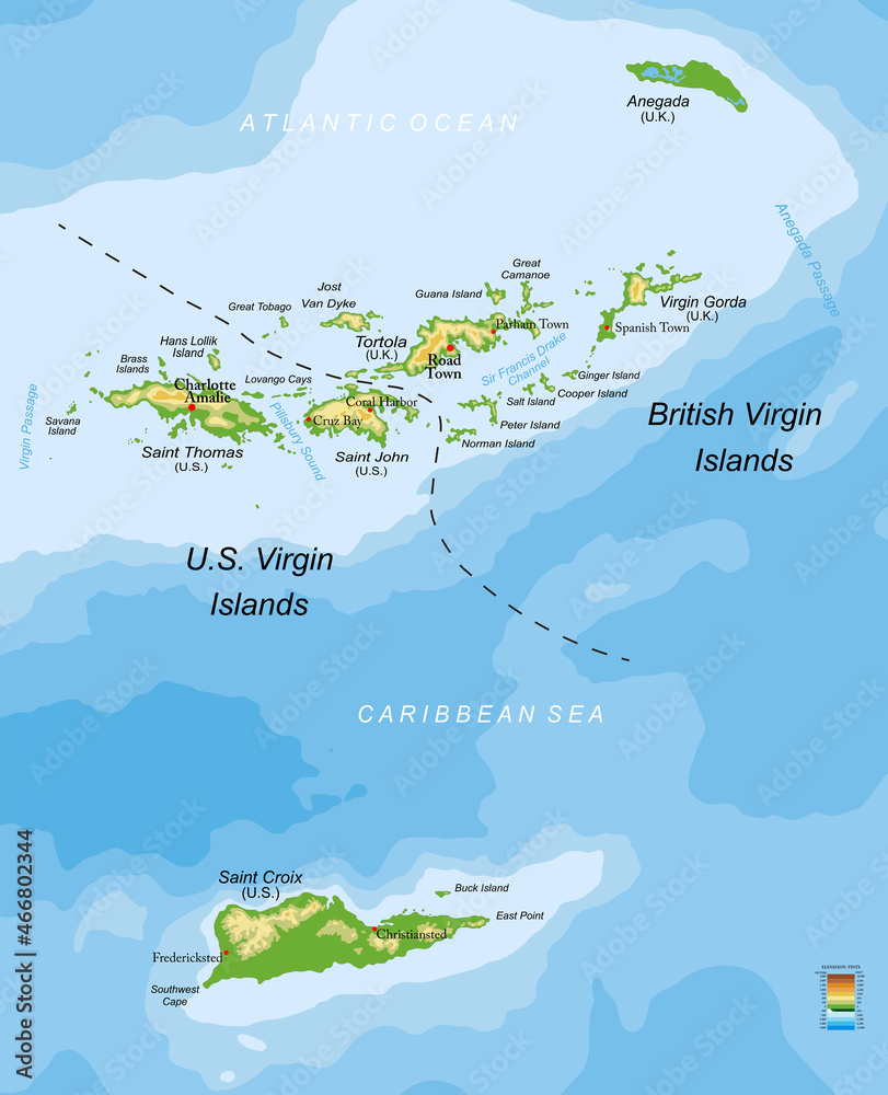 U.S. and British Virgin islands physical map