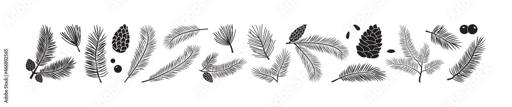 Pine tree branch Christmas vector icon, fir twig and cone, winter plant isolated on white background. Nature holiday illustration