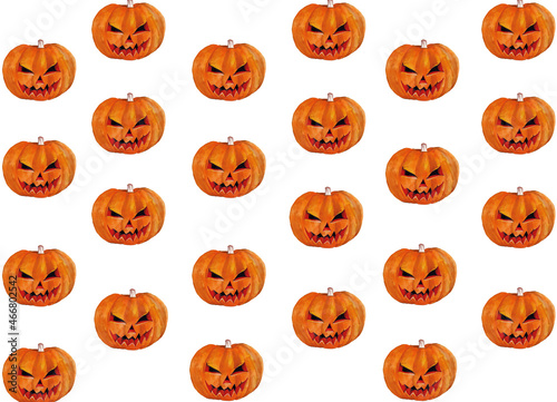 Halloween pattern with watercolor orange spooky paumpkins on white background. Trick or treat. Jack-O-Lantern.