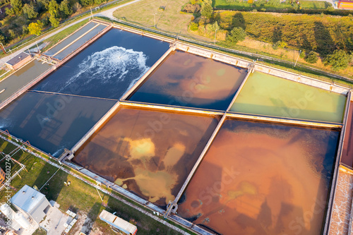 A group of large sedimentation tanks. Water settling, cleaning in a reservoir with biological organisms at a water station. different degree of wastewater treatment