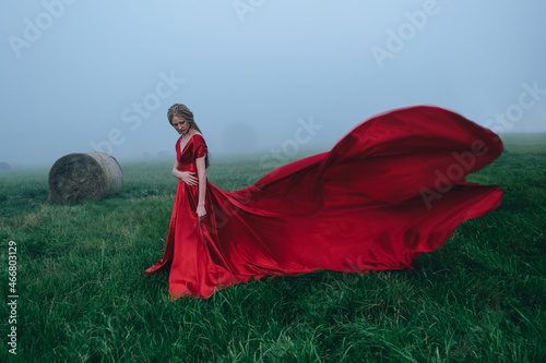 Young woman in long red dress walking in the field at twilight time