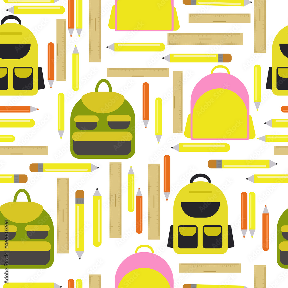Seamless pattern of school backpacks, rulers and pencils in yellow shades on a white background