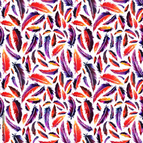 Seamless watercolor pattern. Colorful bright bird feathers.