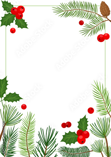 Fototapeta Naklejka Na Ścianę i Meble -  Christmas border pine, fir and cone, holly berry border, evergreen frame. Holiday vector illustration