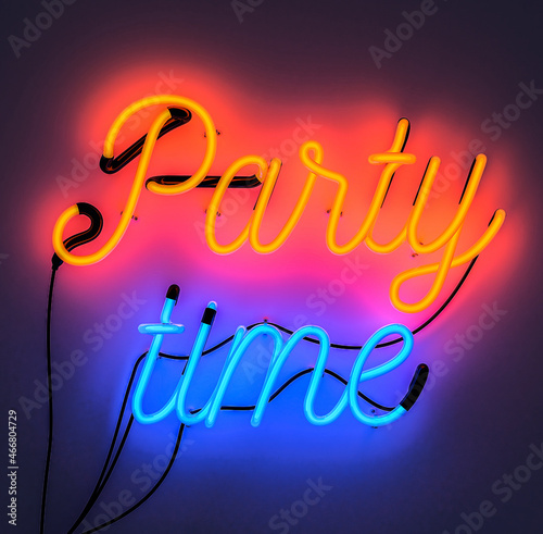 Party Time Neon Sign, Mock-Up With Free Space, 3D Rendering. photo