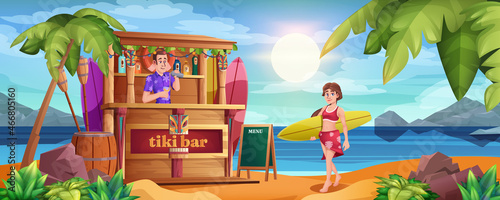 Cartoon summer beach with tiki bar and barman. Smiling girl in summer dress with surfboard at ocean sandy coastline with palm trees. Bartender with cocktails and wooden hut on sea.