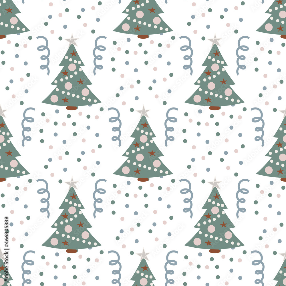 Confetti, serpentine and Christmas tree in Christmas pattern