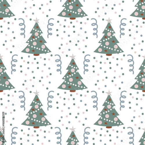 Confetti, serpentine and Christmas tree in Christmas pattern