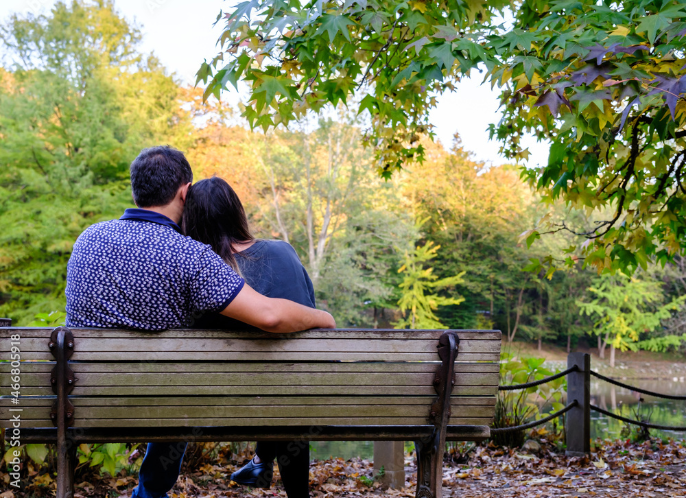 Fototapeta premium Couple sitting on bench and hugging each other in the forest, retirement concept idea with copy space