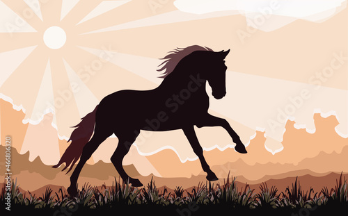 dark silhouette of a wild horse galloping on the grass against the background of the sky and the rays of the sun  vector isolated color image  