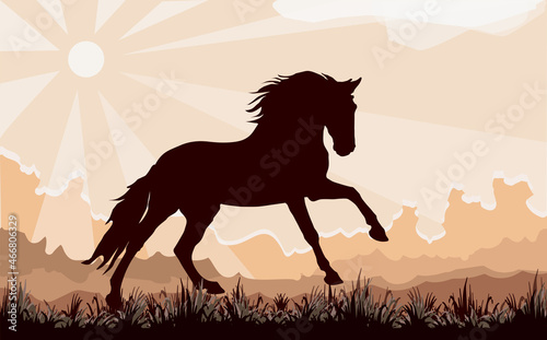 dark silhouette of a wild horse galloping on the grass against the background of the sky and the rays of the sun, 