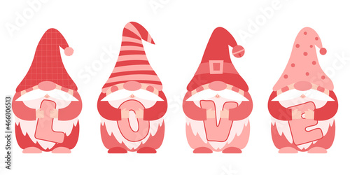 A set of little paunchy dwarfs in pink and red clothes and caps who hold the letters LOVE in their hands. Little bearded gnomes, cute cartoon characters. Color vector illustration isolated on white.