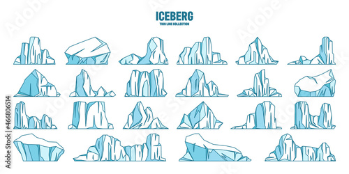 Floating icebergs sketch collection. Drifting arctic glacier, block of frozen ocean water. Icy mountains with snow. Melting ice peak. Antarctic snowy landscape. Outline drawing. Vector illustration.
