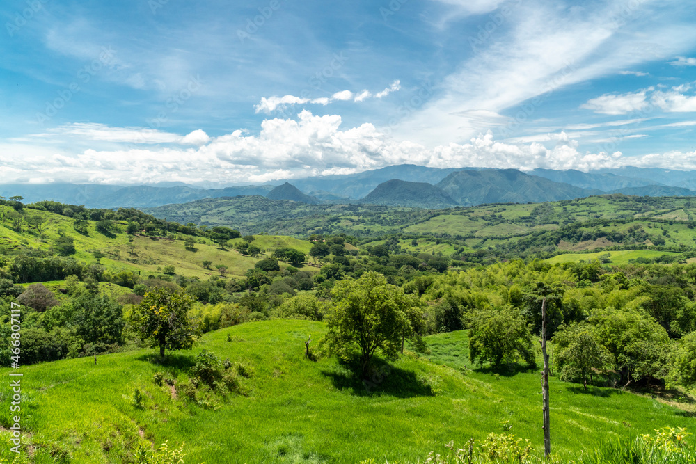 Panoramic landscape in Tamesis with blue sky and mountain on the horizon. Colombia. Panoramic landscape in Tamesis with blue sky and mountain on the horizon. Colombia.