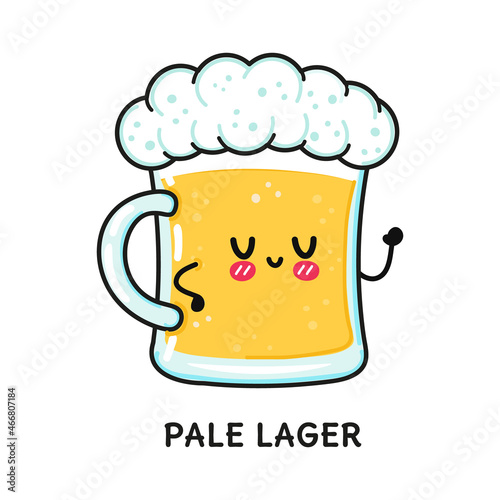 Funny cute happy glass of beer pale lager. Vector hand drawn doodle style cartoon character illustration icon design. Cute glass of beer pale lager mascot