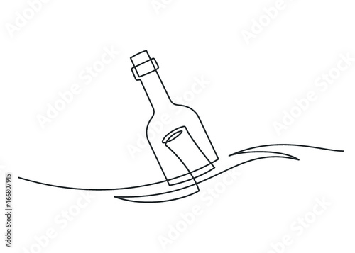 Continuous line drawing of message in bottle. Bottle in sea. Vector illustration