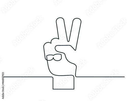 Continuous line drawing of hand showing victory sign. Vector illustration