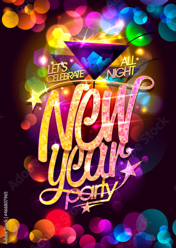 New year party poster, banner or invitation card, vector design template with martini glasses