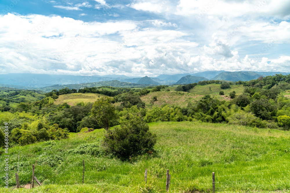 Panoramic landscape in Tamesis with blue sky and mountain on the horizon. Colombia. 