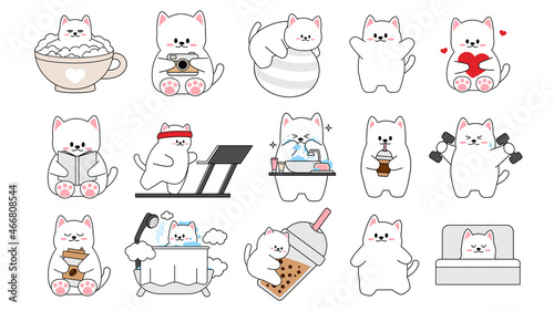 Collection of different cute little cats on a white background. Kawaii set of funny animal characters design in cartoon style. Pet cat. Baby stickers. Vector illustration.