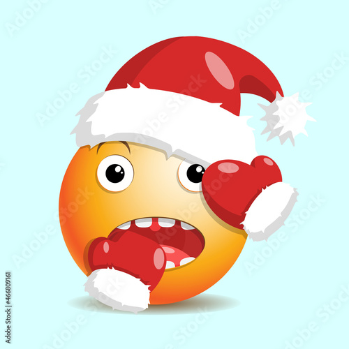 Christmas voluminous dumbfounded emoji in red santa hat and mittens.