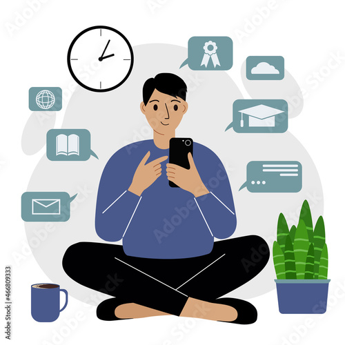Online education, self-study. A man sits with a mobile phone and is engaged. A set of icons related to education
