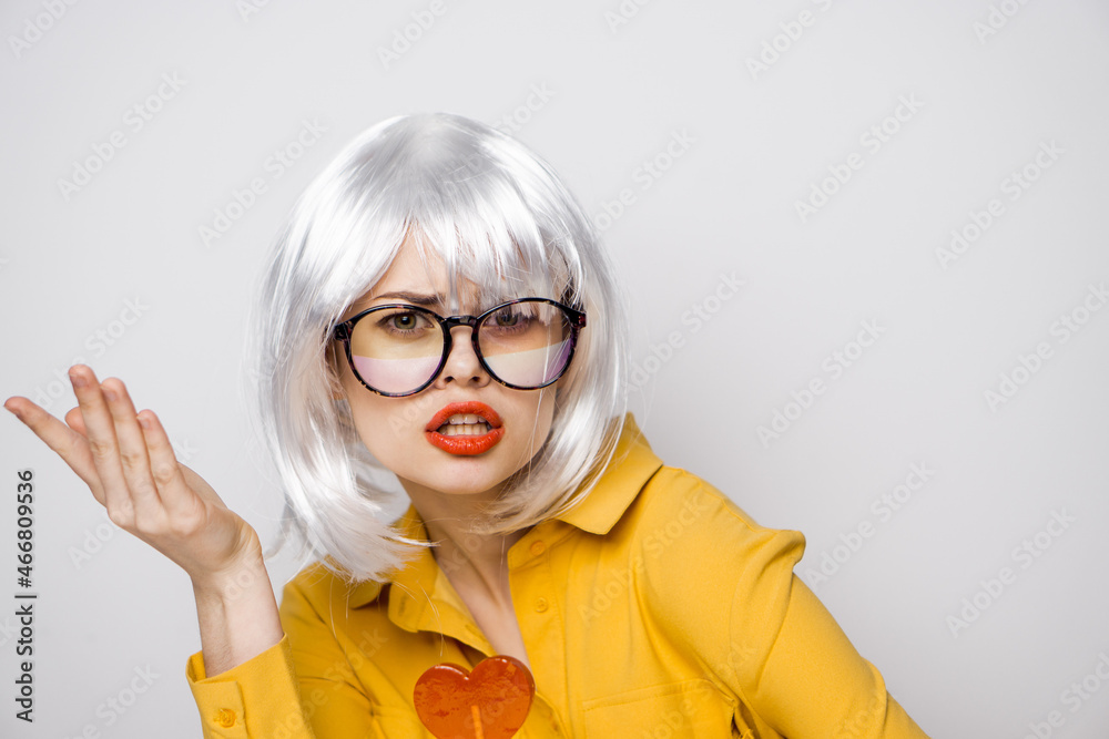 pretty woman with glasses white hair lollipop luxury