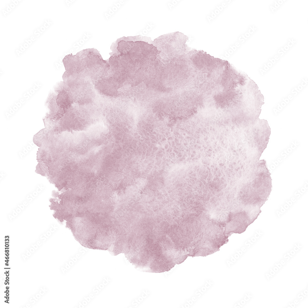 Mauve, pale purple watercolor stains painted artistic texture. Round, uneven circle shape watercolour background for text, cards, banners. Rounded brush stroke. Hand drawn aquarelle fill.