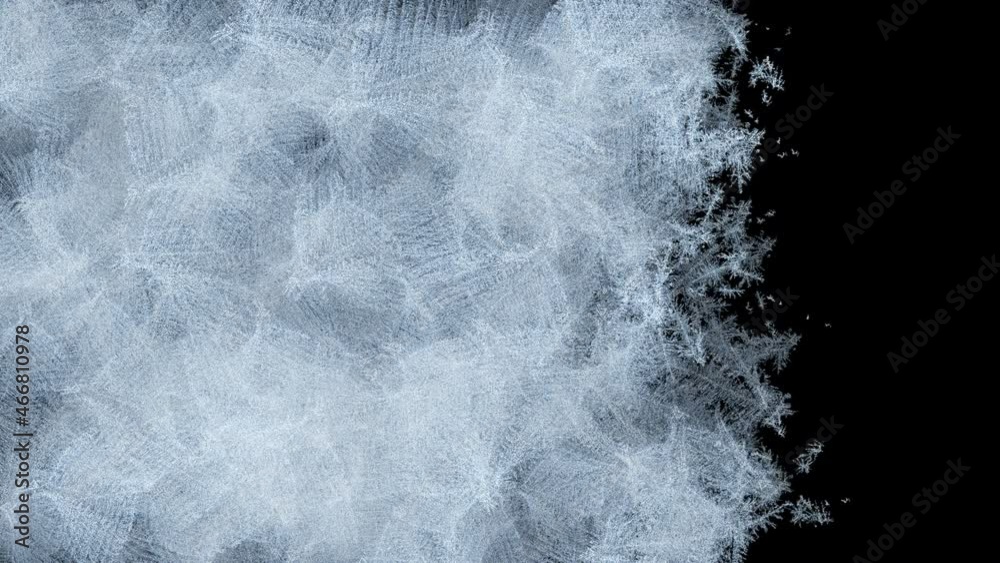 Freezing Window Glass Horizontal Animation Time-lapse. Fast Frost Process with Ice and Snow. Abstract 3d Animation with Alpha Mask Green Screen. 4k Ultra HD 3840x2160