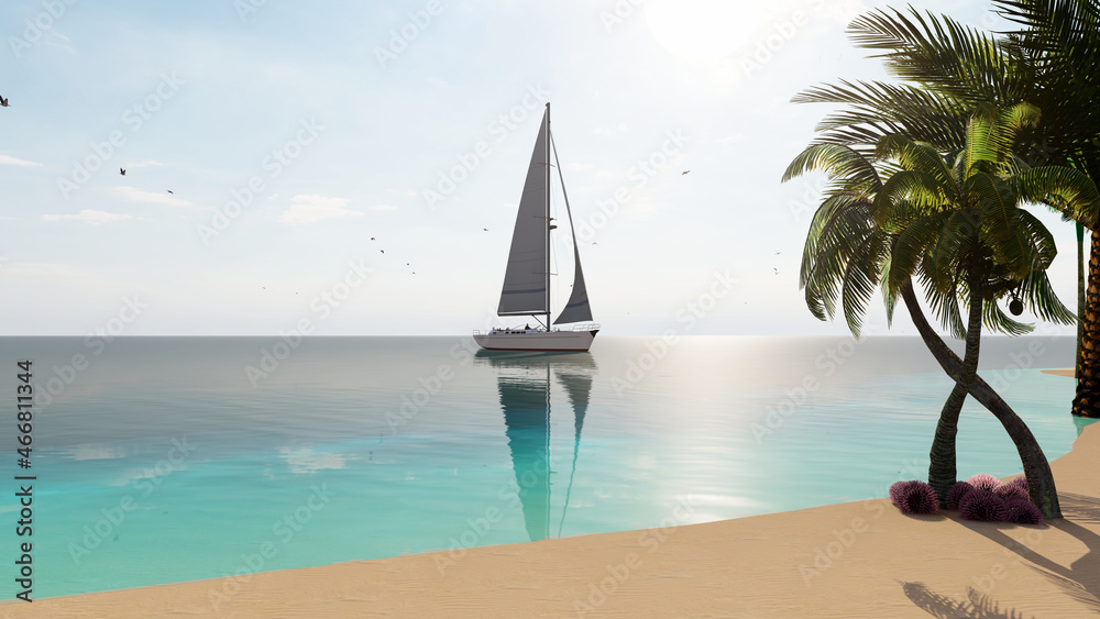 Blue sky over the sea and beach. Waves washing the sand. Palm trees on the caribbean tropical beach. Vacation travel background. 3d rendering.
