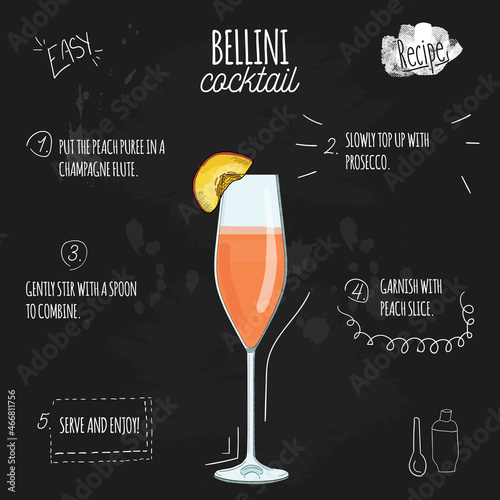 Bellini Cocktail Illustration recipe on blackboard