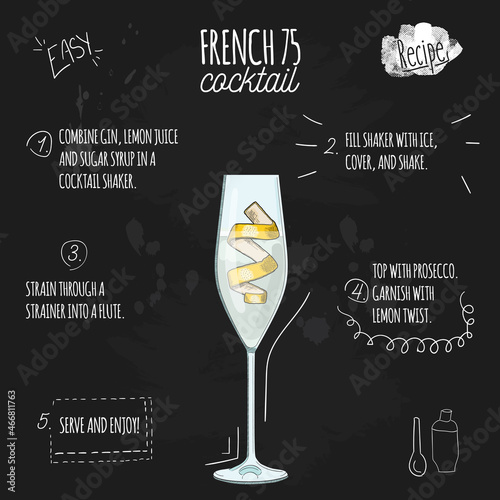 French 75 Cocktail Illustration recipe on blackboard