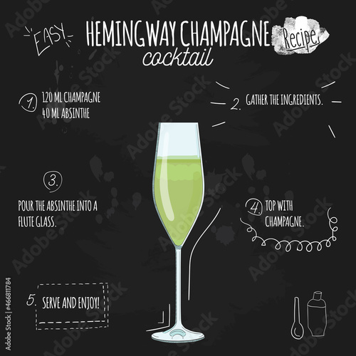 Hemingway Champagne Cocktail Illustration recipe on blackboard