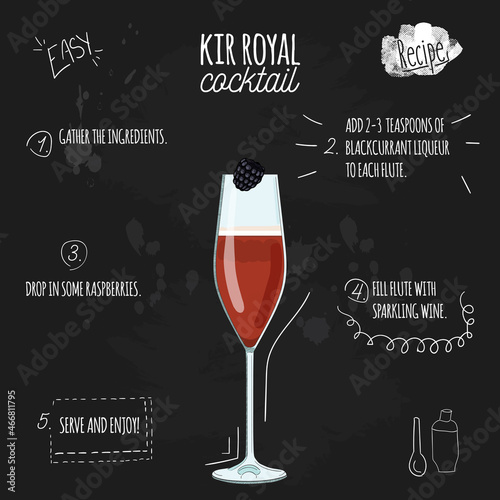 Kir Royal Cocktail Illustration recipe on blackboard