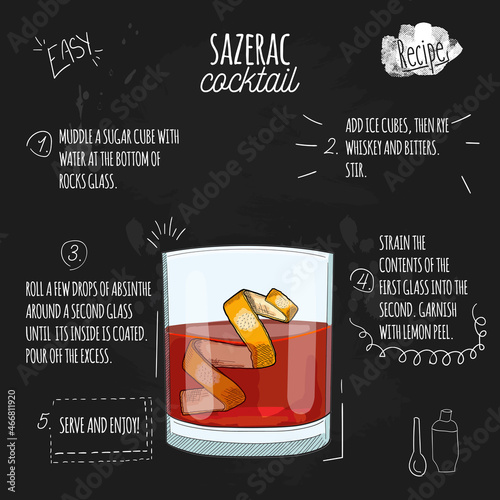 Sazerac Cocktail Illustration recipe on blackboard
