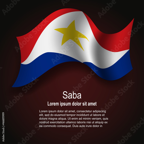 Flag of Saba flying on dark background with text