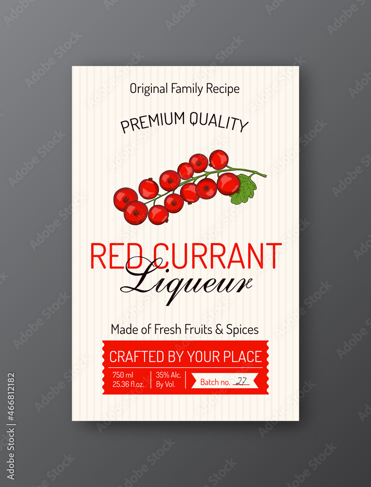 Red Currant liqueur alcohol label template. Modern vector packaging