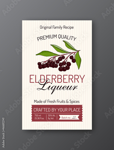 Elderberry liqueur alcohol label template. Modern vector packaging design layout. Isolated