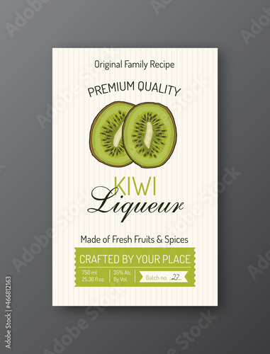 Kiwi liqueur alcohol label template. Modern vector packaging design layout. Isolated