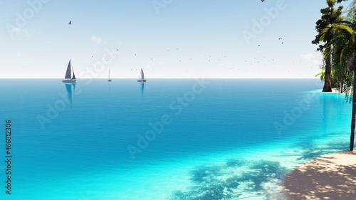 Blue sky over the sea and beach. Waves washing the sand. Palm trees on the caribbean tropical beach. Vacation travel background. 3d rendering. 