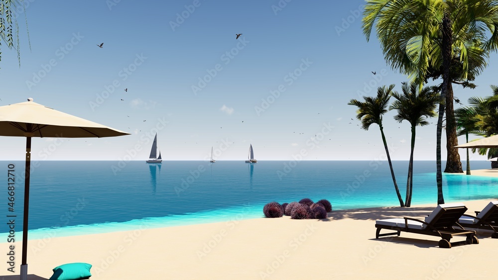 Blue sky over the sea and beach. Waves washing the sand. Palm trees on the caribbean tropical beach. Vacation travel background. 3d rendering.
