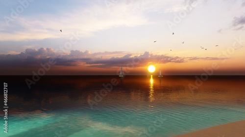 Colorful sunset above the sea surface with sail boats  aerial view. Reflected sun on a water surface. Sunset over ocean. Seascape  Summer and travel vacation concept. 3d rendering.