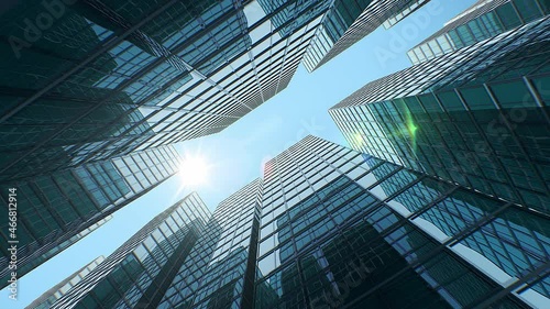 Sun Shining Over Business Center from Morning to Evening Time-lapse. Modern Downtown Skyscrapers Moving Sun Light Abstract Beautiful 3d Animation. 4k UHD 3840-2160