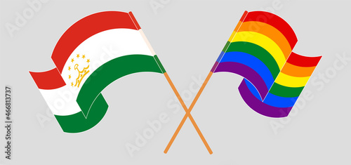 Crossed flags of Tajikistan and LGBTQ. Official colors. Correct proportion