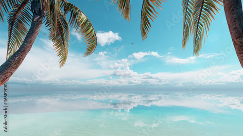 Fototapeta Naklejka Na Ścianę i Meble -  8K Ultra Hd. Palm trees on the beach. Blue sea, and blue sky landscape. Paradise beach. Beautiful tropical beach and sea with silhouette of coconut palm tree. 3D Rendering. 