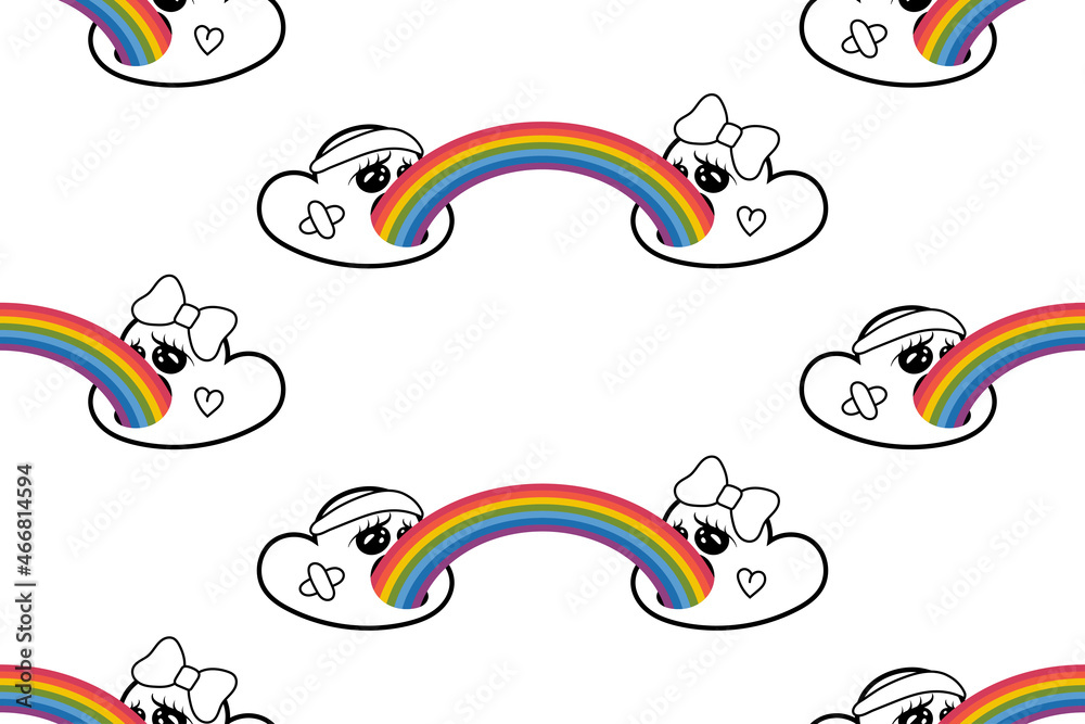 Two cute kawaii boy and girl clouds puke rainbow seamless pattern. Cartoon cloud on white background. Vector illustration